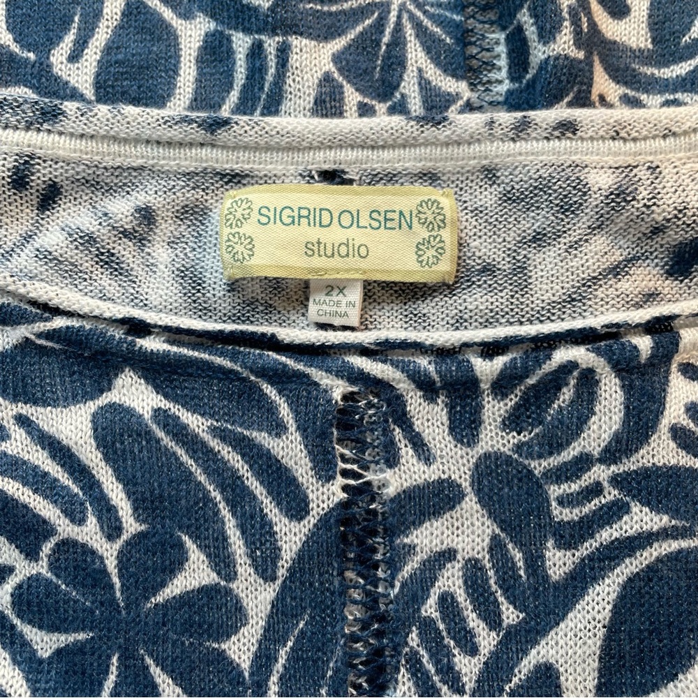 Sigrid Olsen 100% Linen Blue and White Floral Pullover Size 2X Coastal & Flowy - Picture 3 of 12